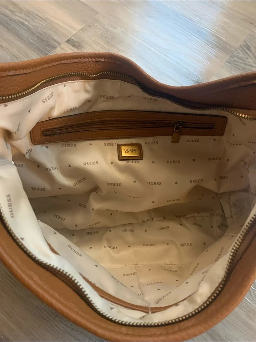 GUESS Camden Raffia Hobo Bag with Tan Leather and Gold Logo